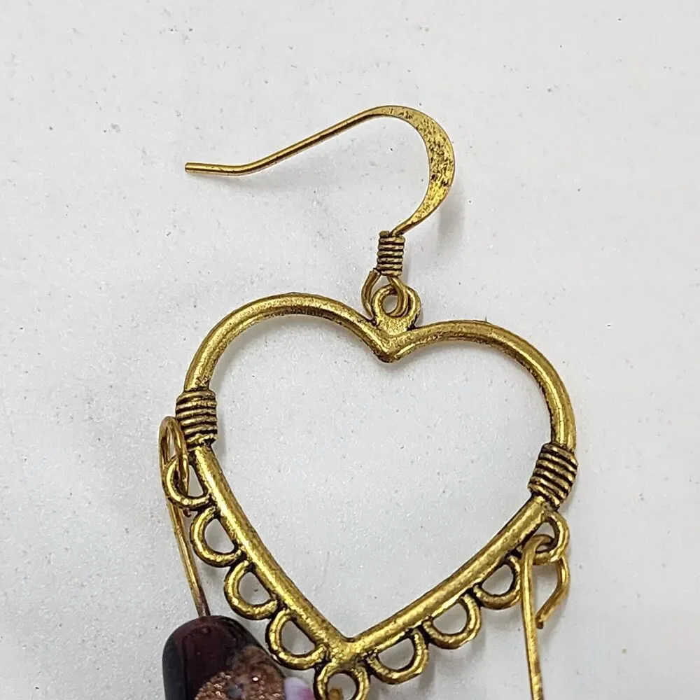 Artisan Heart Lamp Work Glass Beaded Purple Hook Gold Tone Dangle Earrings